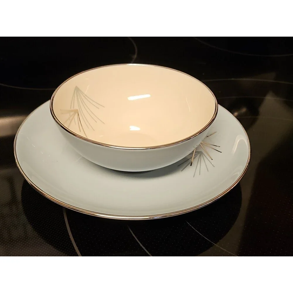 Vintage MCM Franciscan Silver Pine Tea Cup & Saucer Set Atomic Pine Near Mint